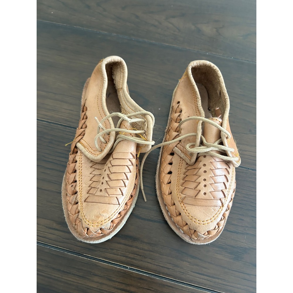Vintage Kids Tan Leather Woven Huarache Lace Up Sandals Size 8 Mexican Boho